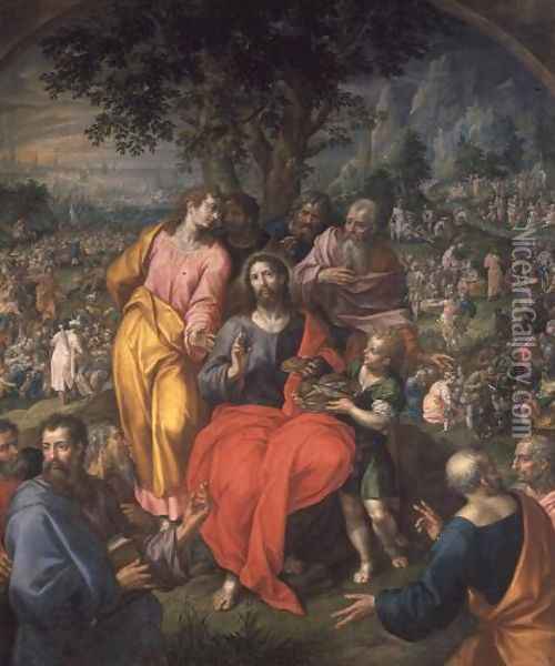 The Feeding of the Five Thousand, c.1590 Oil Painting - Hendrick De Clerck