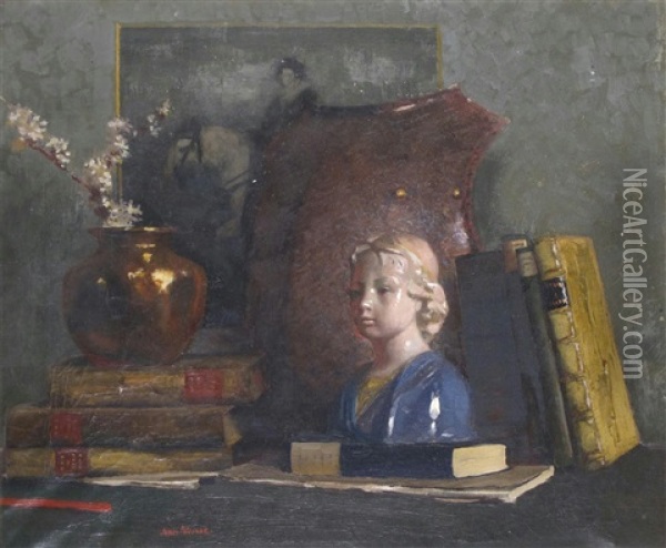 Still Life Of Books, Armour, A Bust And Vase Oil Painting - James Paterson