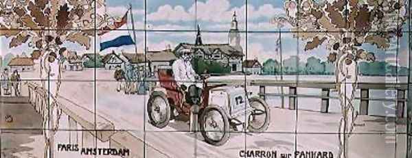Charron driving a Panhard car in the Paris to Amsterdam race of 1898 Oil Painting - Ernest Montaut