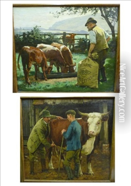Feeding The Calves; The Vet Oil Painting - William Gunning King