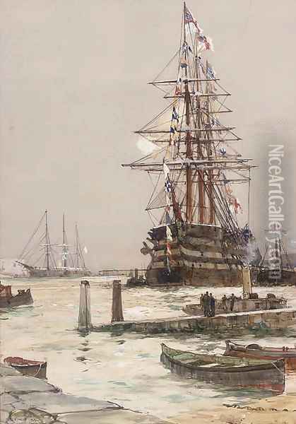 The training ship H.M.S. St. Vincent lying off Gosport Oil Painting - Charles Edward Dixon