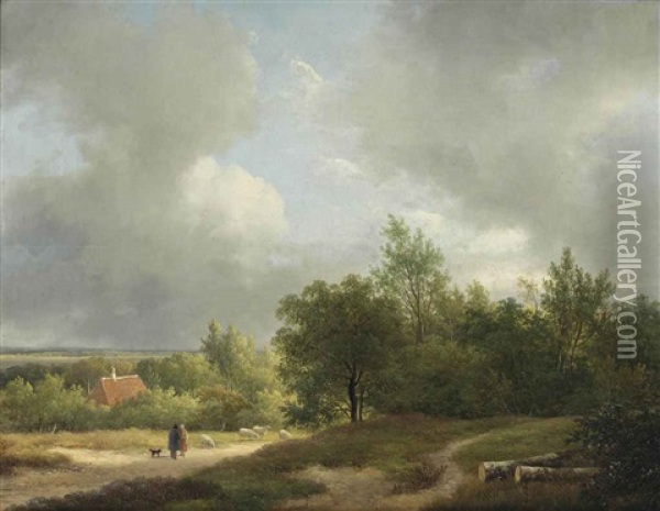Shepherds With Their Flock In A Wooded Landscape Oil Painting - Andreas Schelfhout