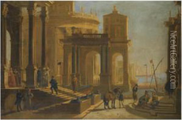 A Capriccio View Of A Palace Beside A Harbour With Figures In Theforeground Oil Painting - Alessandro Salucci