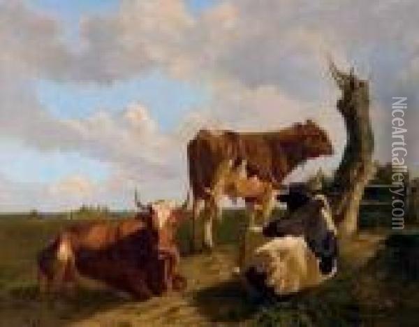 Deux Vaches Et Un Taureau Au Pre Oil Painting - Louis Marie Dominique Romain Robbe