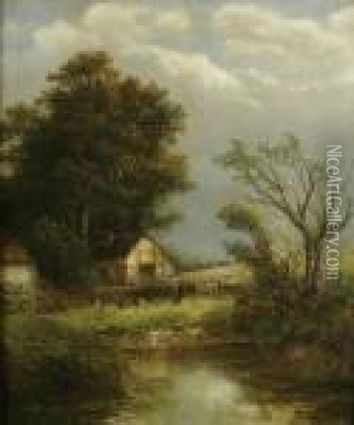 Rural Landscape With A Cottage And A Woman Feeding Chickens Oil Painting - Joseph Thors