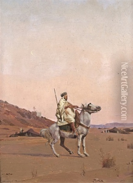Arab On Horseback Oil Painting - Jacques Elie Abraham Hermanjat