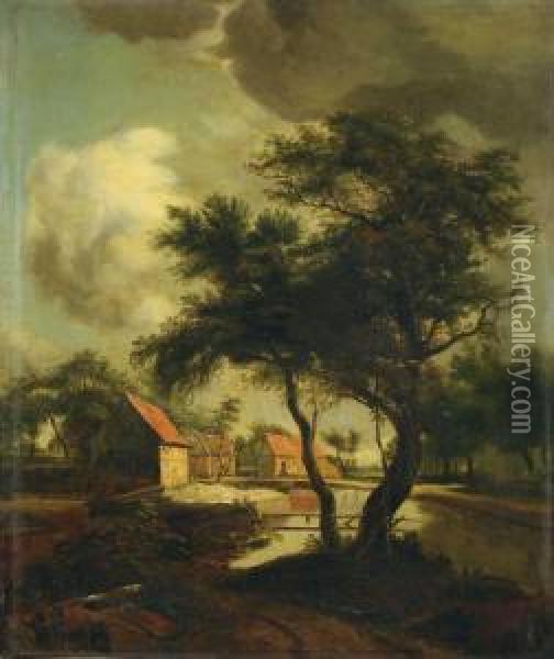 Landschaft Mit Gehoft Am Teich. Oil Painting - Meindert Hobbema