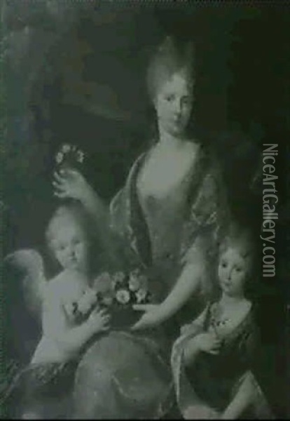 Dame De Qualite Et Sa Fillette Avec Un Amour Tenant Une     Corbeille De Fleurs Oil Painting - Nicolas de Largilliere
