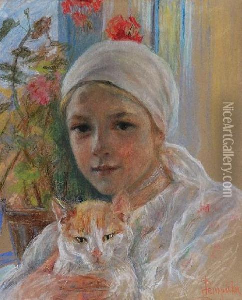 Dziewczynka Z Kotem Oil Painting - Leokadia Lempicka