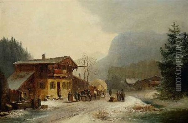 Winterliche Dorfstrase Mit Pferdefuhrwerk Oil Painting - Anton Doll