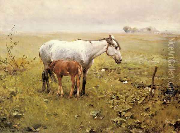 A Mare and her Foal in a Landscape Oil Painting - Alfred Wierusz-Kowalski