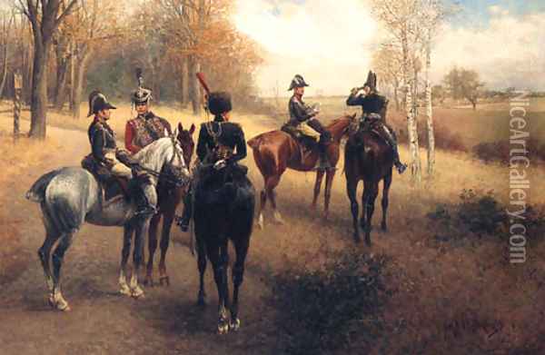 Prussian Staff And Cavalry Officers On Reconnaissance Oil Painting - Jan van Chelminski