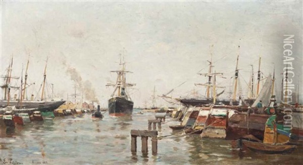 A Ship Being Guided Into Antwerp Harbour Oil Painting - Edmond Marie Petitjean