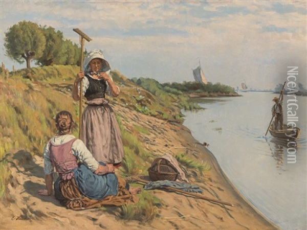 Two Women On The Beach Oil Painting - Ernst Henseler