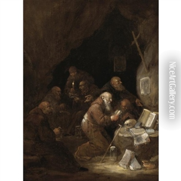 A Group Of Hermit Monks In A Grotto Oil Painting - Egbert van Heemskerck the Elder