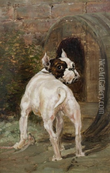 A Jack Russell Aboard A Boat; A Bulldog By A Kennel, A Pair Oil Painting - Thomas Blinks