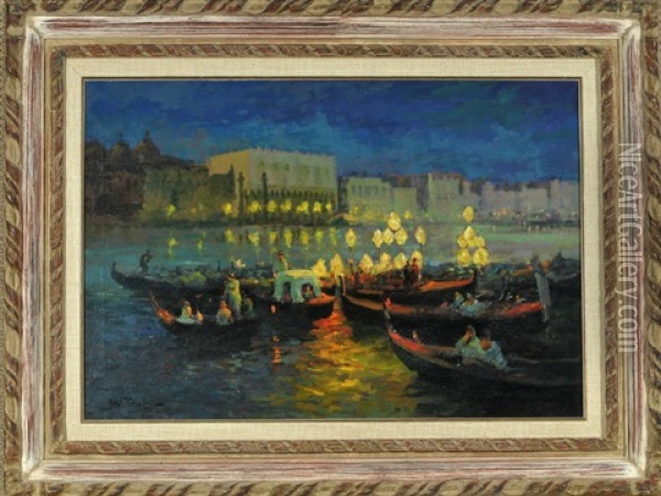 Venedig Bei Nacht Mit Beleuchteten Gondeln Und Dogenpalast Im Hintergrund Oil Painting - Louis Abel-Truchet