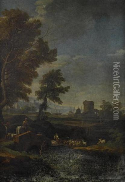 A Figure On A Country Path 
Before A Mountainous Landscape; And Drovers Grazing Their Cattle, A 
Coastal Landscape Beyond Oil Painting - Jan Frans Van Bloemen (Orizzonte)