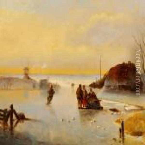 People On A Frozen Lake In Holland Oil Painting - Nicholas Jan Roosenboom