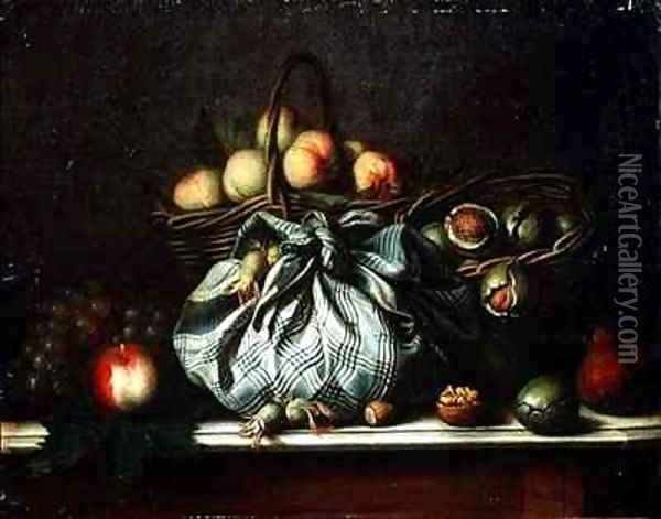 Baskets of Fruit Walnuts and Nuts in a Knapsack Oil Painting - Gagneux
