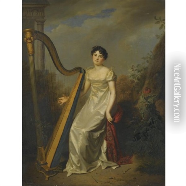 Portrait Of A Lady, Wearing A White Dress And Seated Beside A Harp, A Landscape Beyond (marquise De Chamillard?) Oil Painting - Firmin Massot