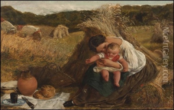 A Well-deserved Lunch, A Woman With Child With Infant In A Hayfield And Figures Cutting Hay Beyond Oil Painting - James Clarke Hook