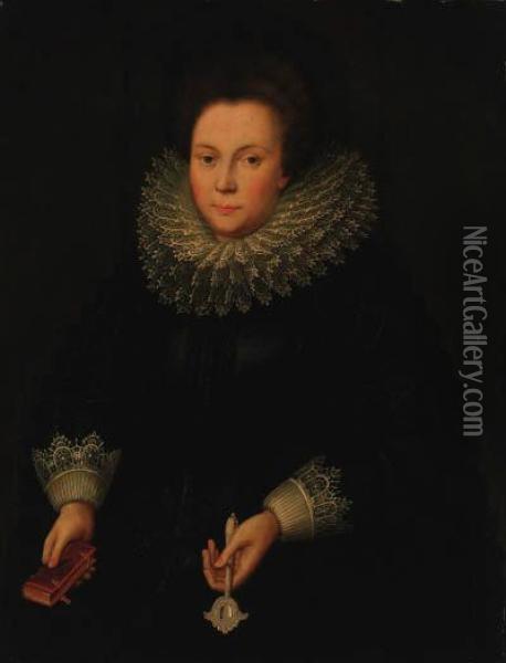Portrait Of A Lady, Half-length, In A Black Embroidered Dress Withwhite Lace Sleeves And Ruff, Holding A Missal And Ahandscreen Oil Painting - Jacob Willemsz II Delff