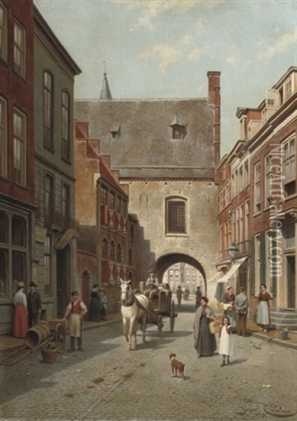 A Busy Day Near The Gevangenpoort, The Hague Oil Painting - Jacques Francois Carabain