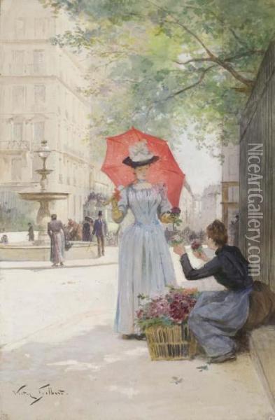 Jeune Femme A L'ombrelle Achetant Des Fleurs Oil Painting - Victor-Gabriel Gilbert