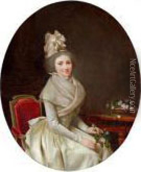 Ritratto Di Dama Seduta Accanto Ad Un Tavolo In Toilette Di Seta Bianca E Rose Oil Painting - Louis Leopold Boilly