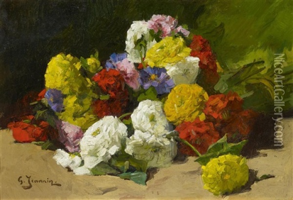 Straus Mit Chrysanthemen Und Rosen Oil Painting - Georges Jeannin