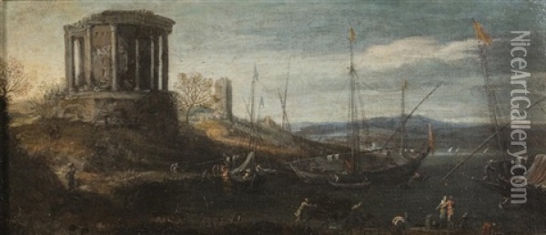 Scene Portuaire Avec Le Temple De Sybille Oil Painting - Adriaen Van Der Cabel