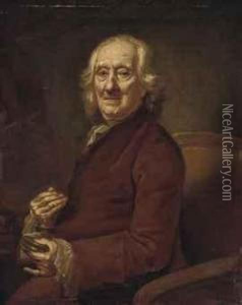 Portrait Of An Old Man, Half-length, Seated In A Brown Coat, Asnuff Box In His Left Hand Oil Painting - Thomas Worlidge
