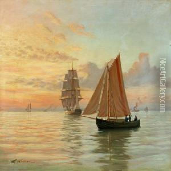 Seascape With Several Wessels In The Evening Sun Oil Painting - Andreas Christian Riis Carstensen