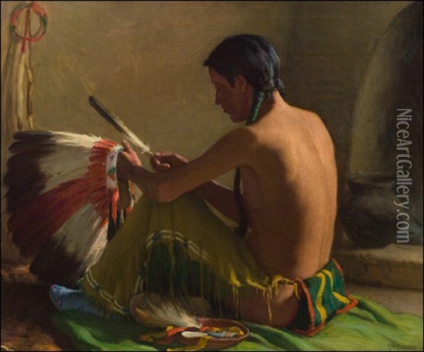 Mending The Bonnet Oil Painting - Joseph Henry Sharp