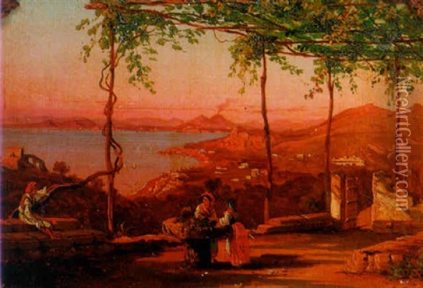 A Terrace Overlooking The Bay Of Naples At Sunset Oil Painting - Gabriel Carelli