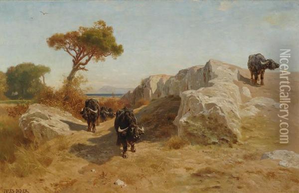 Landscape With Indian Buffalos Oil Painting - Jules Didier