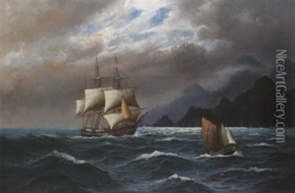 Vollschiff Mit Lotsenboot Vor Abendlicher Felsenkuste Oil Painting - Alfred Serenius Jensen