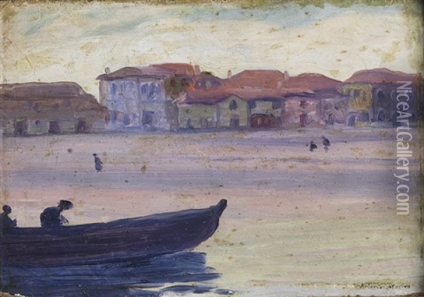 Vista De Praia Com Casa E Barco Oil Painting - Antonio Teixeira Carneiro Junior