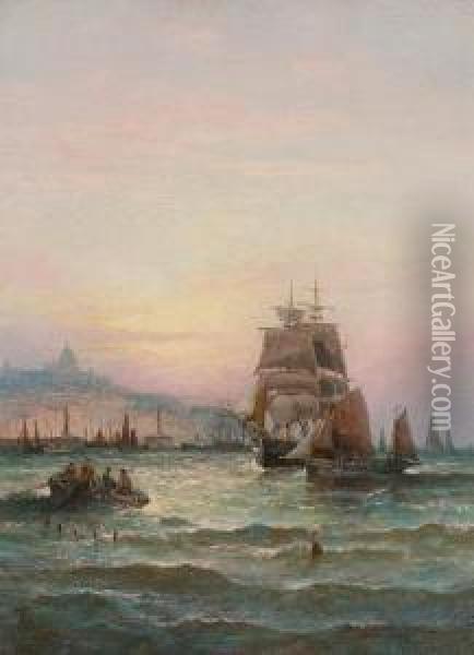 Collier Brig And Fishing Boats Off Boulogne Oil Painting - Hubert Thornley
