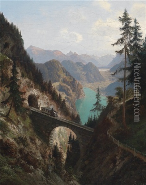 Die Pilatus Bahn Im Hintergrund Der Vierwaldstatter See Oil Painting - Ernst Hodel the Elder