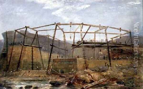 Spur Points of Piers of Inner Harbour with Cofferdam May 1829 Oil Painting - Robert Mackreth