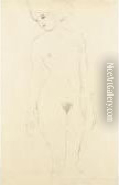 Akt Von Vorne, Das Gesicht Nach 
Links Gedreht (nude Seen From The Front, Face Turned Left) Oil Painting - Gustav Klimt
