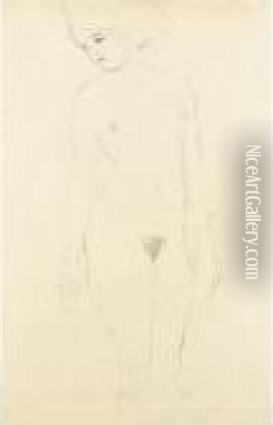 Akt Von Vorne, Das Gesicht Nach 
Links Gedreht (nude Seen From The Front, Face Turned Left) Oil Painting - Gustav Klimt