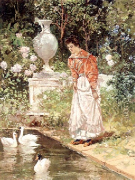 A Young Girl Before An Ornamental Pond Oil Painting - Carlo Brancaccio