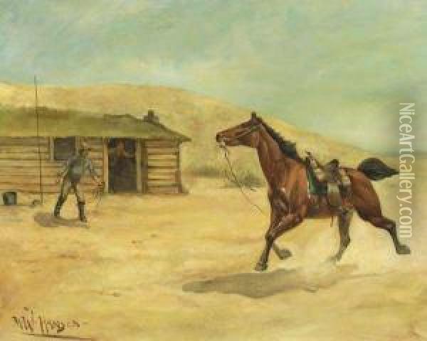 Bad News At A Pony Express Station Oil Painting - Herman Wendleborg Hansen