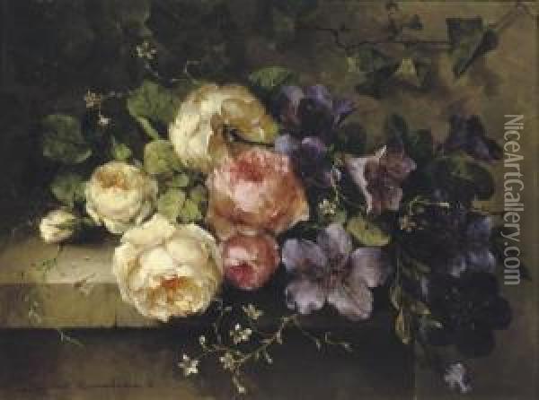 Bouquet De Roses Et De Mauves Sur Une Tablette: A Mixed Bouquet On A Ledge Oil Painting - Margaretha Roosenboom