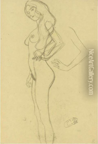Property From A Private European Collection
 

 
 
 

 
 Stehender Weiblicher Akt Nach Links, Armstudie (standing Female Nude To The Left, Arm Study) Oil Painting - Gustav Klimt