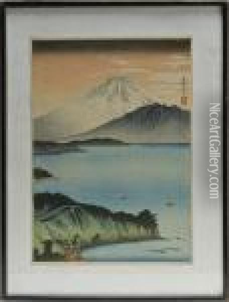 View Of Mount Fuji And Lake Biwa Oil Painting - Hiroaki Shotei