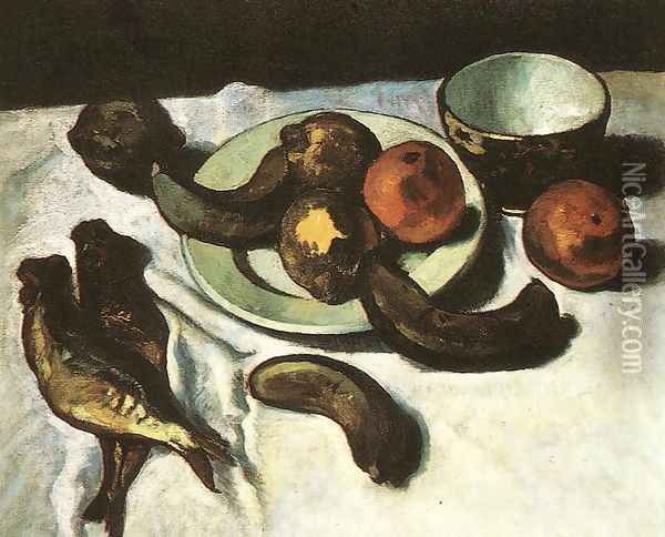 Csendelet (banannal, naranccsal es halakkal), 1910 Oil Painting - Dezso Czigany